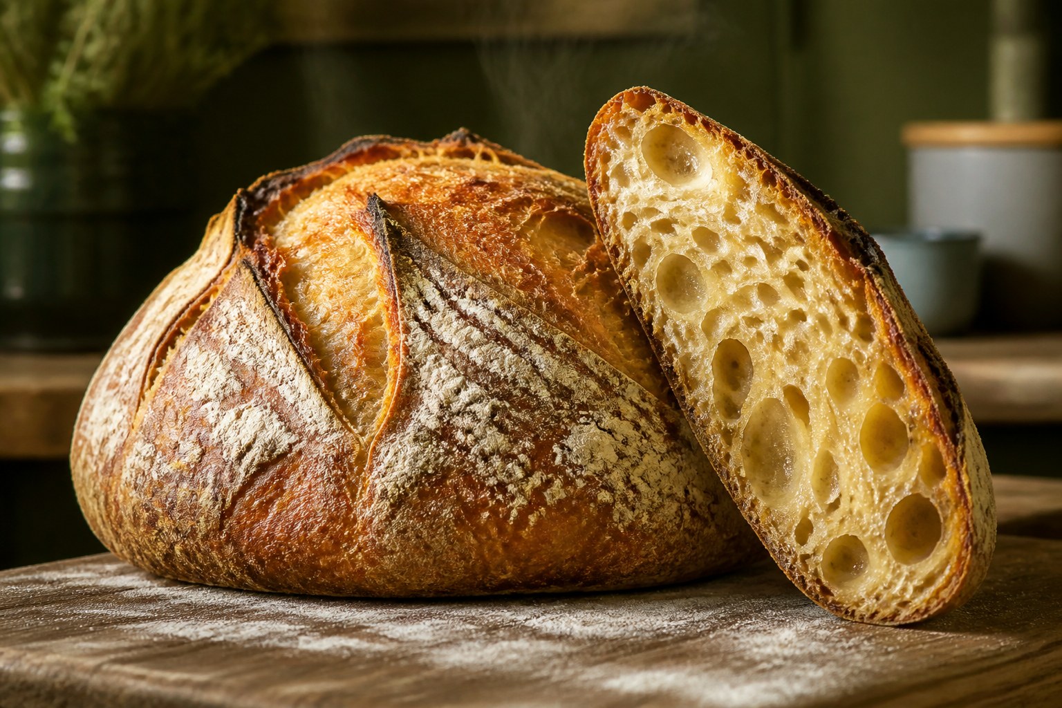 Placeholder photography (comp): sliced loaf showing crumb — product photography is being reshot