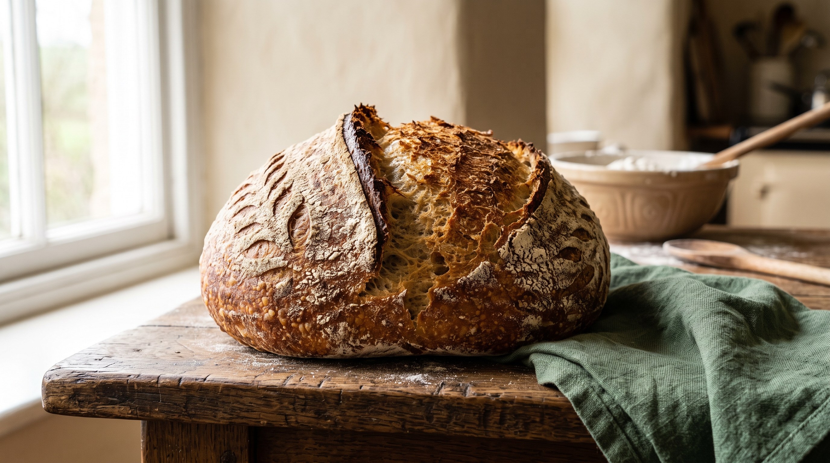 Placeholder photography (comp): a rustic loaf baked with diastatic malt powder — product photography is being reshot